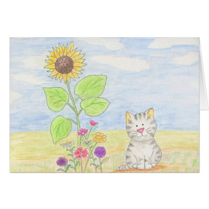 Adorable tabby kitten sunflower watercolor card