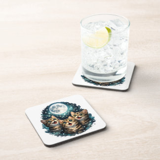 Adorable Tabby Kittens & Full Moon Sparkle Plastic Beverage Coaster