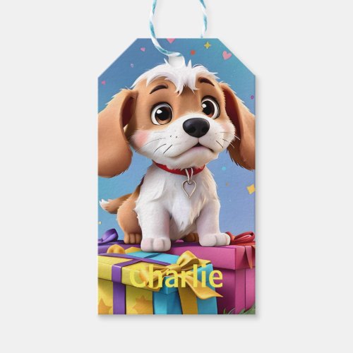 Adorable Tan  White Puppy with Colorful Gifts Gift Tags