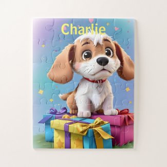 Adorable Tan & White Puppy with Colorful Gifts