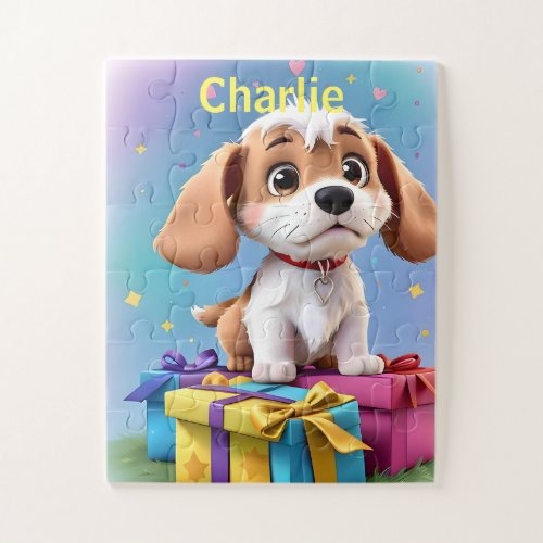 Adorable Tan  White Puppy with Colorful Gifts Jigsaw Puzzle
