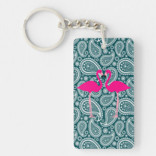 Adorable Teal Blue White Paisley-Pink Flamingos Keychain