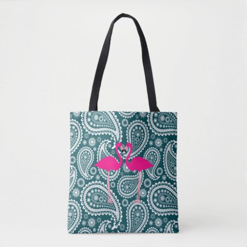 Adorable Teal Blue White Paisley_Pink Flamingos Tote Bag