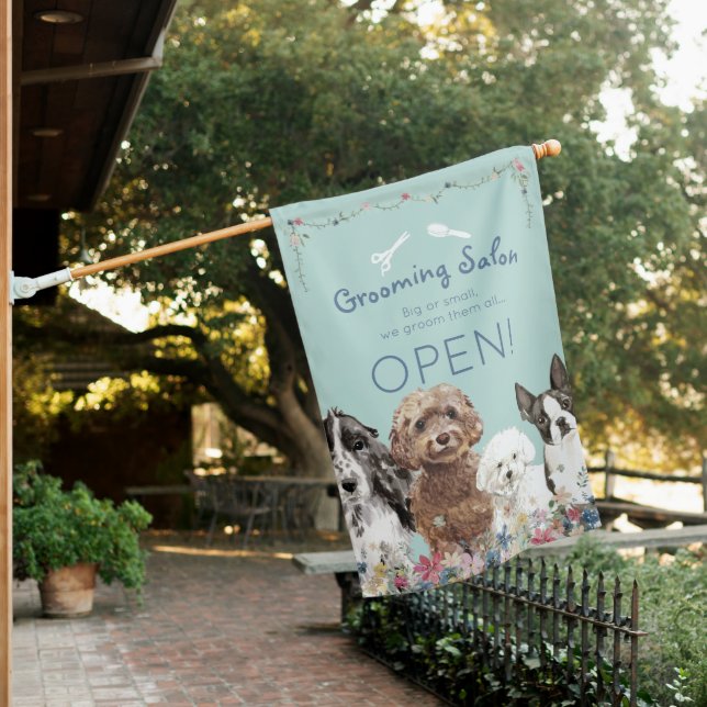 Adorable Teal Open Dog Grooming Salon  House Flag (In SItu)