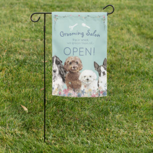 Adorable Teal Open Dog Grooming Salon  House Flag