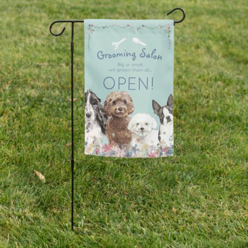 Adorable Teal Open Dog Grooming Salon  House Flag