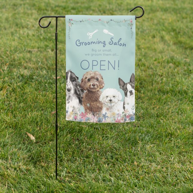 Adorable Teal Open Dog Grooming Salon  House Flag (In SItu)