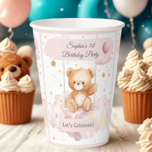 Adorable Teddy Bear 1st Birthday – Custom Name Paper Cups