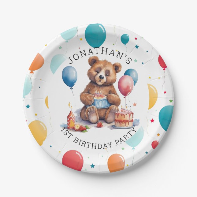 Adorable Teddy Bear 1ST Birthday PARTY Paper Plates (Front)