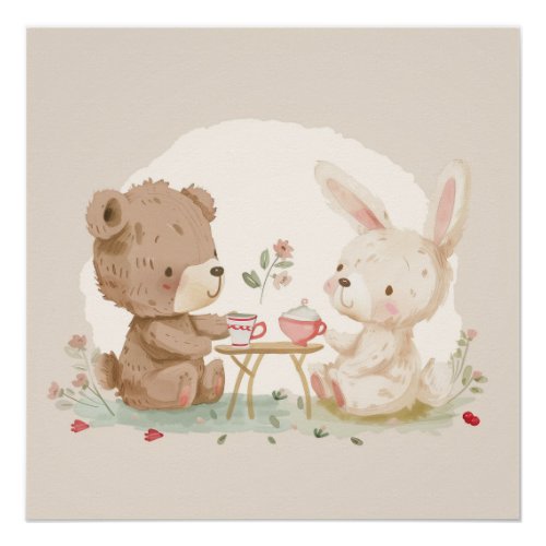 Adorable Teddy Bear and Bunny Having Tea _ AI Art  Poster