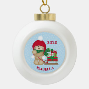 Adorable Teddy Bear and Christmas Sleigh Ceramic Ball Christmas Ornament