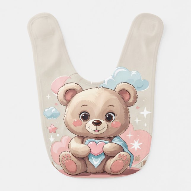 Adorable Teddy Bear Baby Bib – Soft Pastel Design (Front)
