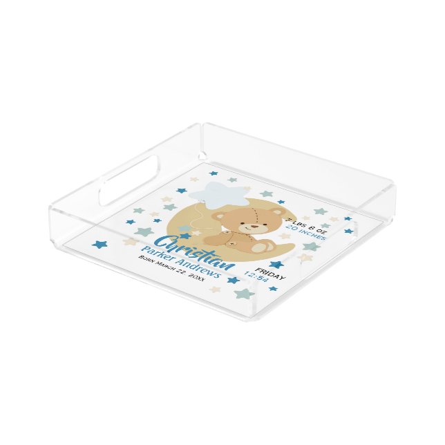 Adorable Teddy Bear Baby Boy Birth Stats Acrylic Tray (Angled)