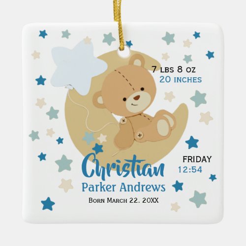 Adorable Teddy Bear Baby Boy Birth Stats Ceramic Ornament