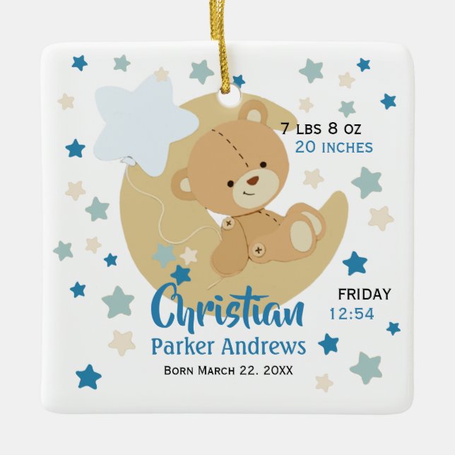Adorable Teddy Bear Baby Boy Birth Stats Ceramic Ornament (Front)