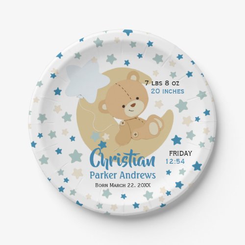 Adorable Teddy Bear Baby Boy Birth Stats Dinner Pl Paper Plates