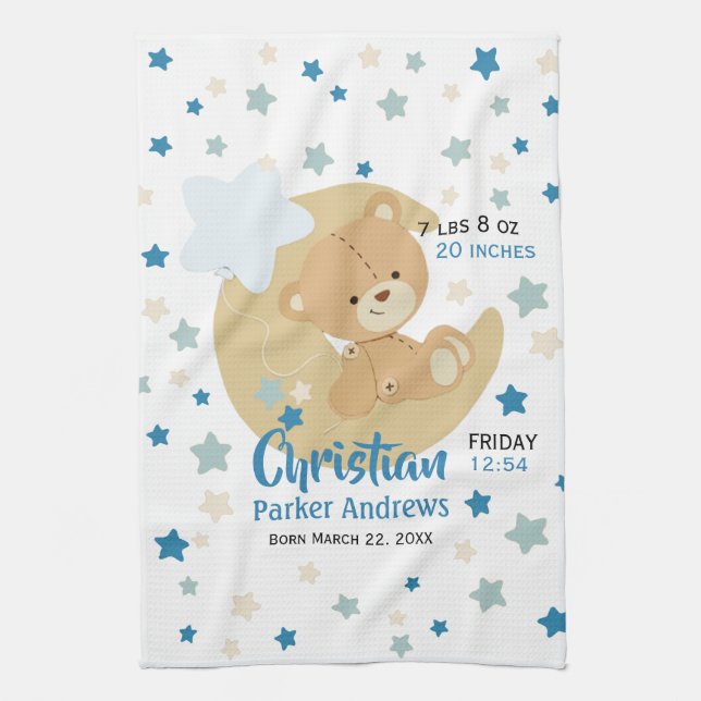 Adorable Teddy Bear Baby Boy Birth Stats Kitchen Towel (Vertical)