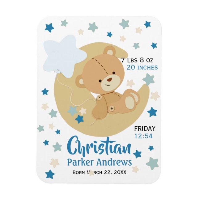 Adorable Teddy Bear Baby Boy Birth Stats Magnet (Vertical)