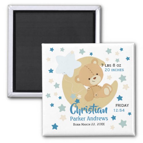 Adorable Teddy Bear Baby Boy Birth Stats Magnet