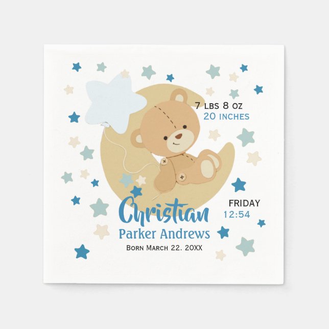 Adorable Teddy Bear Baby Boy Birth Stats Napkins (Front)
