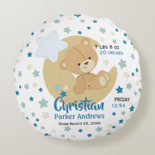 Adorable Teddy Bear Baby Boy Birth Stats Round Pillow