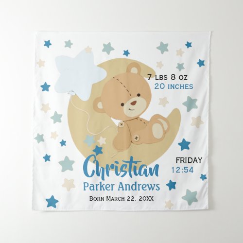 Adorable Teddy Bear Baby Boy Birth Stats Tapestry