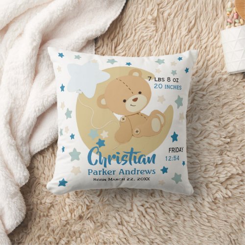 Adorable Teddy Bear Baby Boy Birth Stats Throw Pillow