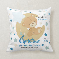 Adorable Teddy Bear Baby Boy Birth Stats Throw Pillow