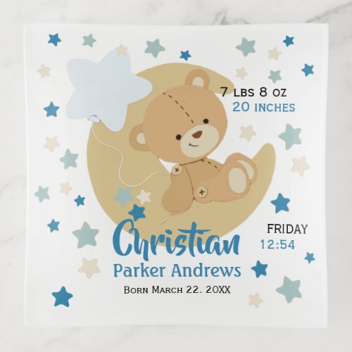 Adorable Teddy Bear Baby Boy Birth Stats Trinket Tray