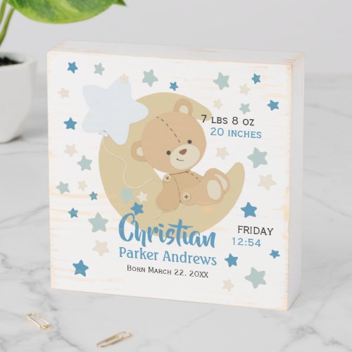 Adorable Teddy Bear Baby Boy Birth Stats Wooden Box Sign