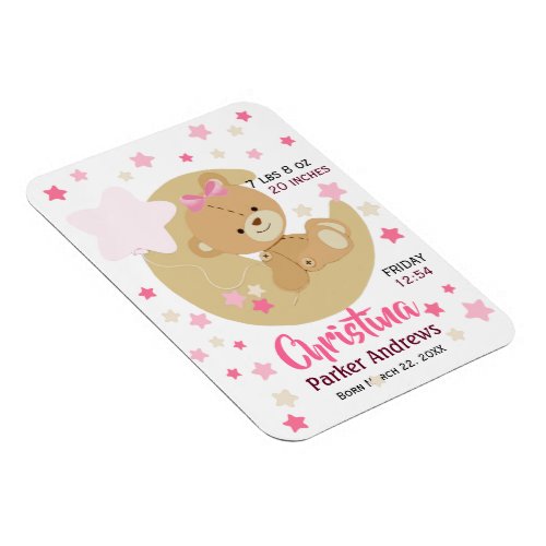 Adorable Teddy Bear Baby Girl Birth Stats Magnet