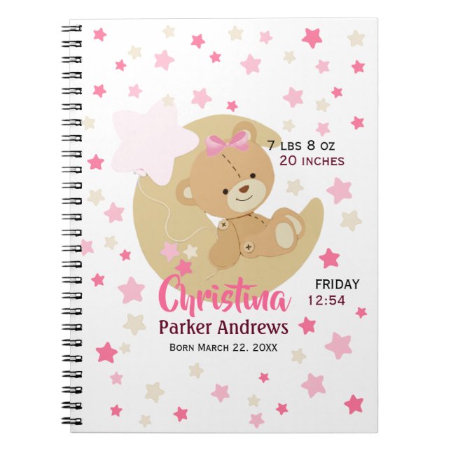 Adorable Teddy Bear Baby Girl Birth Stats Notebook (Front)