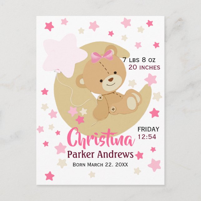 Adorable Teddy Bear Baby Girl Birth Stats Postcard (Front)
