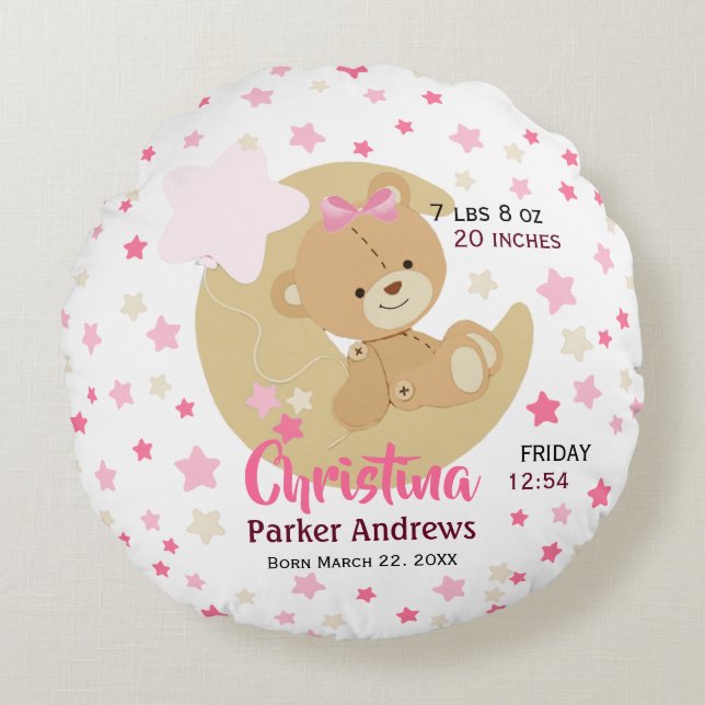 Adorable Teddy Bear Baby Girl Birth Stats Round Pillow (Front)