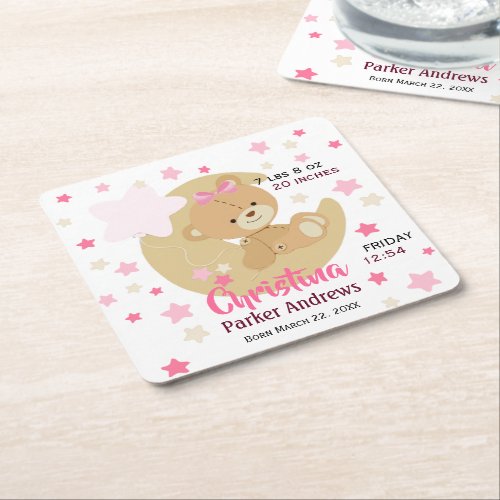 Adorable Teddy Bear Baby Girl Birth Stats Square Paper Coaster