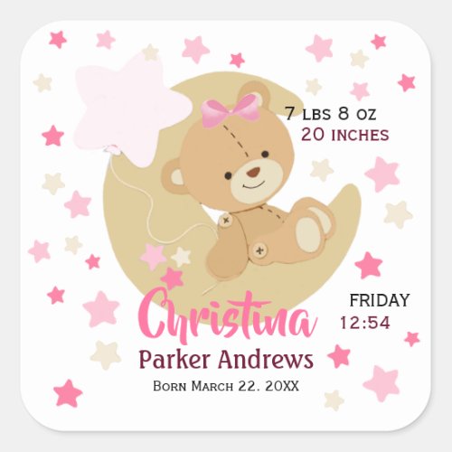 Adorable Teddy Bear Baby Girl Birth Stats Square Sticker