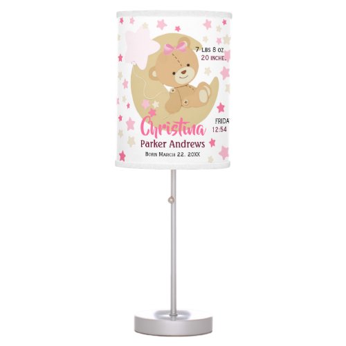 Adorable Teddy Bear Baby Girl Birth Stats Table Lamp