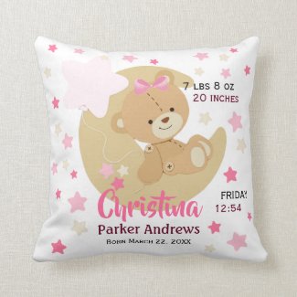 Adorable Teddy Bear Baby Girl Birth Stats Throw Pillow
