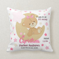 Adorable Teddy Bear Baby Girl Birth Stats Throw Pillow