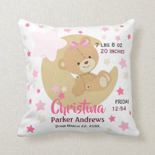 Adorable Teddy Bear Baby Girl Birth Stats Throw Pillow