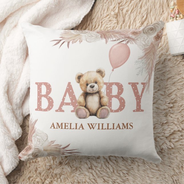 Adorable Teddy Bear Baby Girl Nursery Pink Boho Throw Pillow (Blanket)