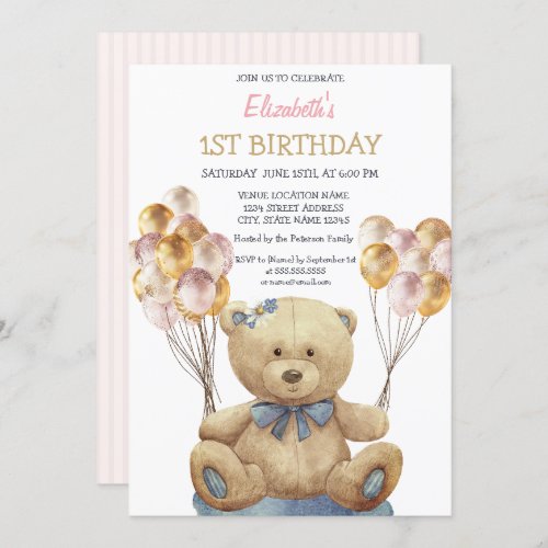 Adorable Teddy Bear Balloons Striped Birthday Invitation