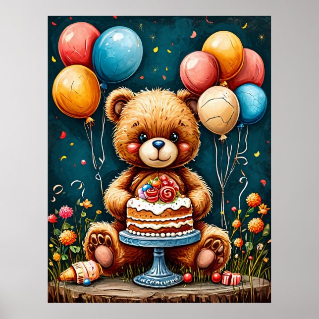 Adorable Teddy Bear Birthday Celebration With Cake Poster (Front)