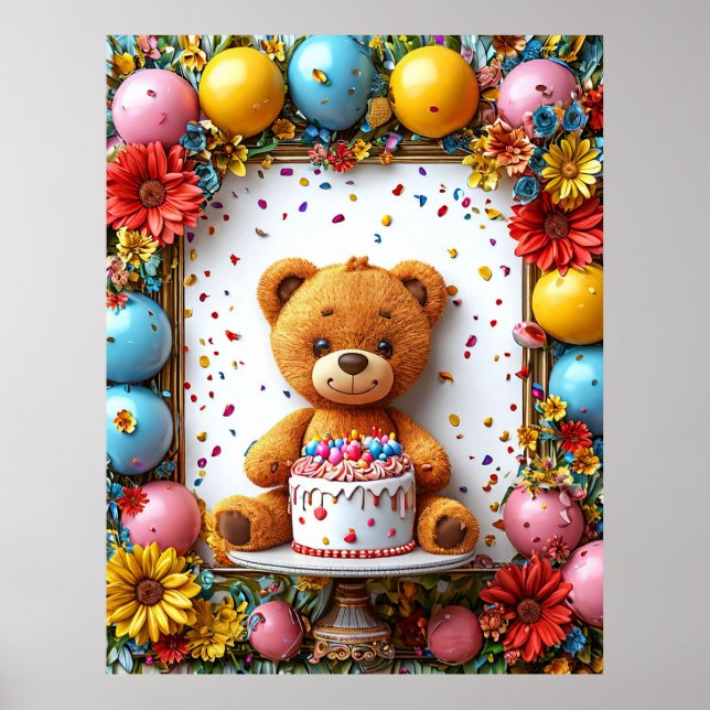 Adorable teddy bear birthday celebration with cake poster (Front)