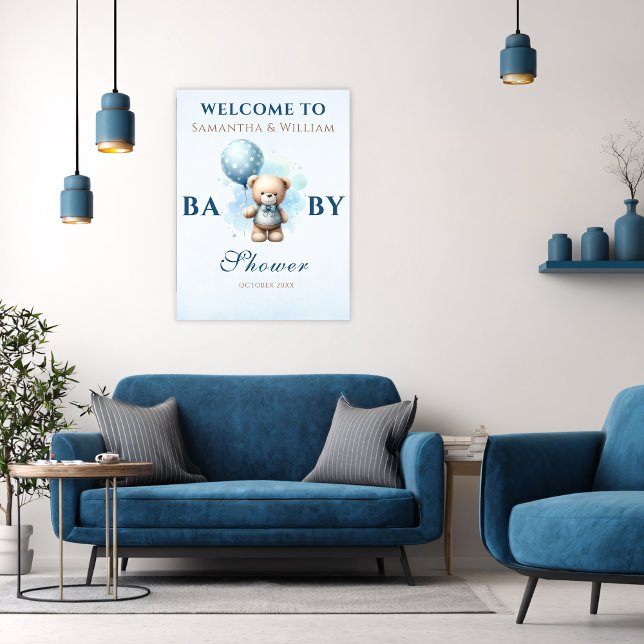 Adorable Teddy Bear Blue Balloon Baby Shower Poster (Creator Uploaded)