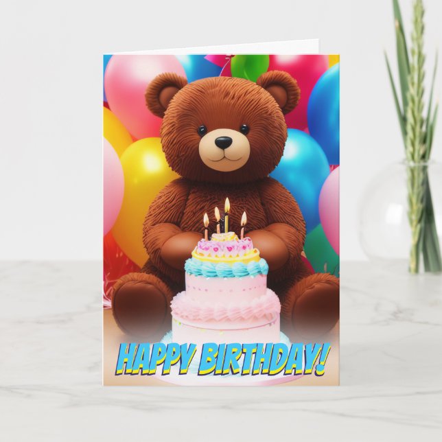 Adorable Teddy Bear Cake Birthday Bash Card (Front)