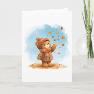 Adorable Teddy Bear Catching Autumn Leaves Card