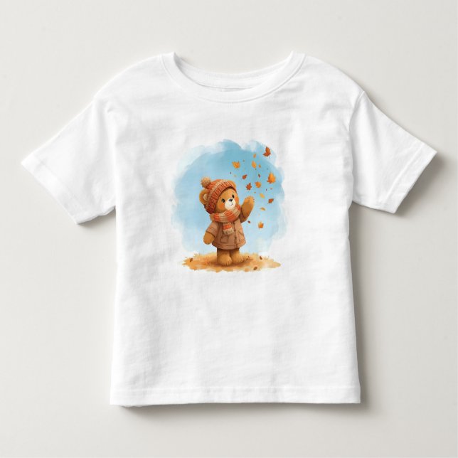 Adorable Teddy Bear Catching Autumn Leaves Toddler T-shirt (Front)