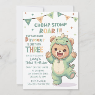 Adorable Teddy Bear Dino Third Dinosaur Birthday Invitation