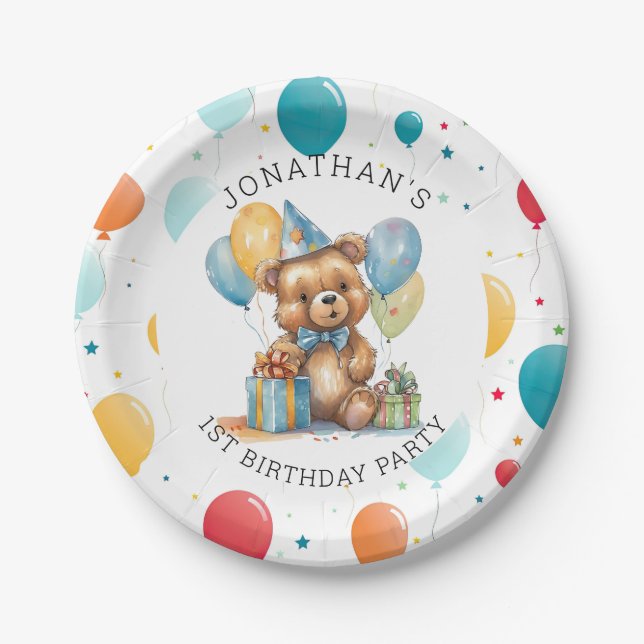 Adorable Teddy Bear First Birthday Paper Plates (Front)